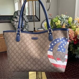 GUCCI GG Plus Monogram Medium USA Flag Unicef Tote Blue Accents